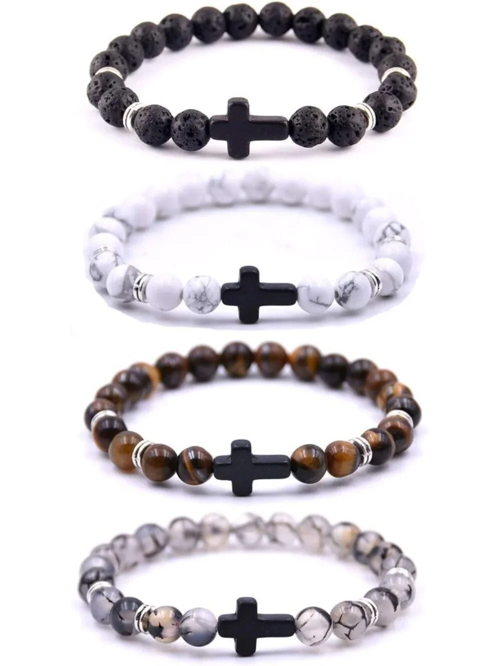 4PCS Healing Lava Stone Stretch Bracelets for Men & Women - 8mm Cross Beads